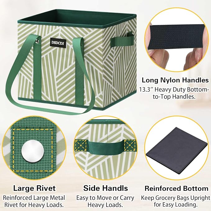Reusable Grocery Bags 3 Pack - Heavy Duty Reusable Shopping Bags with Hard Bottom & Long Handles, Foldable Utility Tote Bag with Box Shape to Stand Up, 13x10.23x11in, Twill Green - Image 6