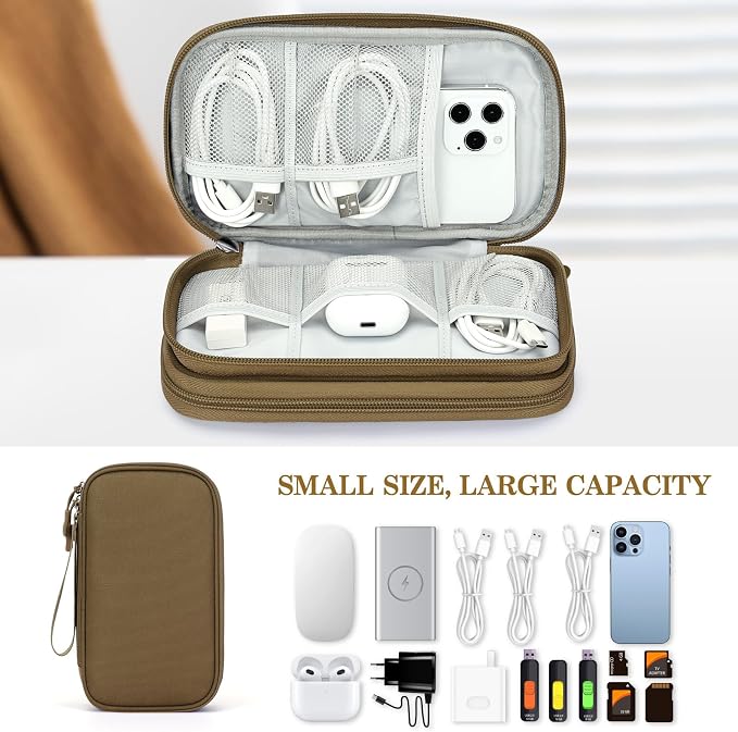 FYY Electronic Organizer, Travel Tech Pouch Bag, Medium, Brown | Wrist Strap, Waterproof, Double Layers Portable Electronics Travel Carrying Case for Cord, Charger, Daily Business Trips Use - Image 6