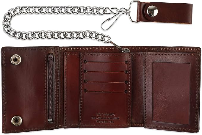 RFID Blocking Men's Tri-fold Vintage Biker Cowhide Leather Steel Chain Wallet,Snap closure, Made In USA,at315-42,eagle,brown - Image 3