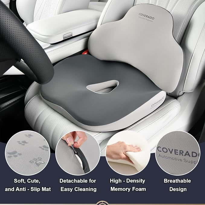 Coverado Car Seat Cushion and Lumbar Support Pillow, Memory Foam Ergonomic Back Support Driving Seat Cushion for Sciatica, Tailbone, Back Pain, Non-Slip Washable Cushion for Car, Driver, Office - Image 5