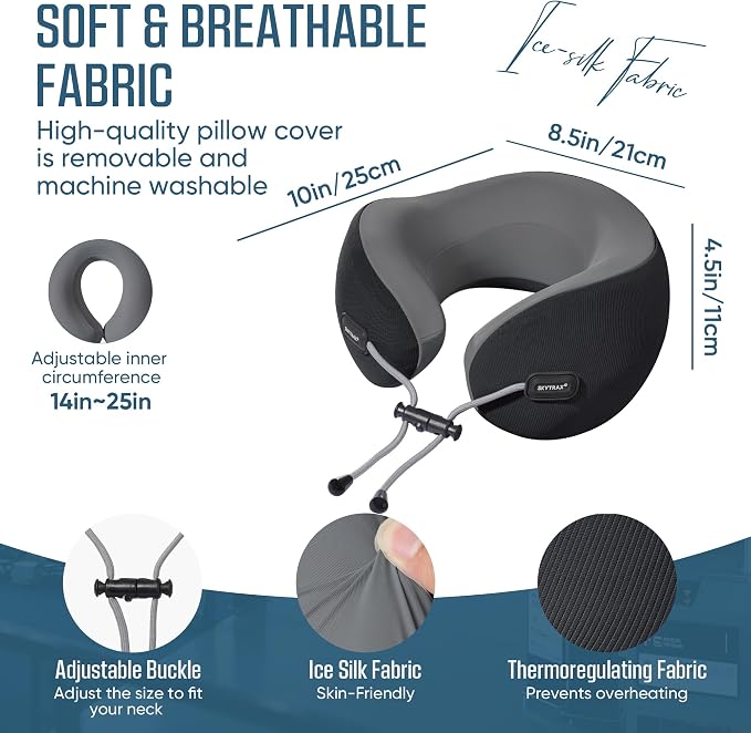 Premium Travel Neck Pillow Cooling Ice Silk Memory Foam Cervical Pillow for Airplane & Long Flights, Ergonomic Neck Support for Sleeping & Pain Relief, Washable Cover, Compact Carry Case (Black) - Image 5