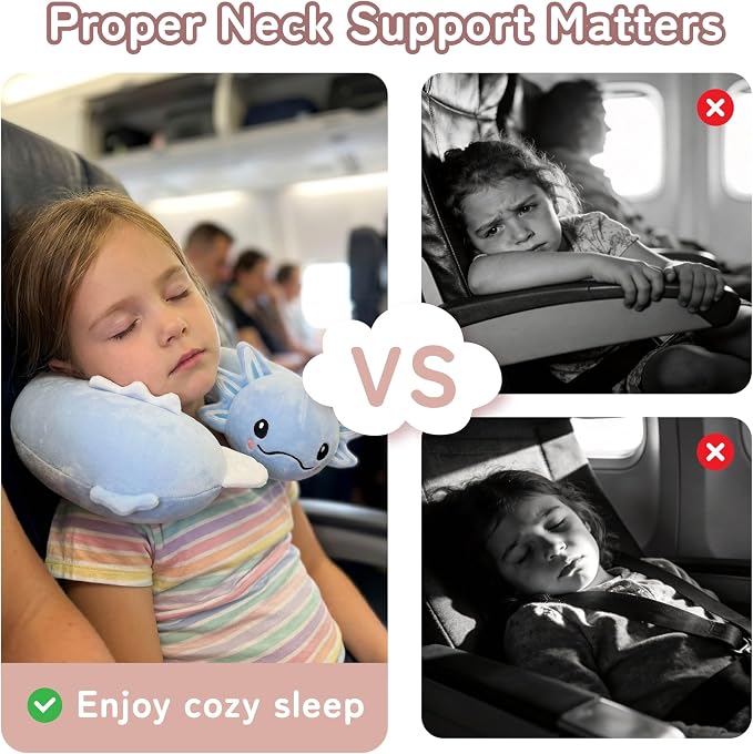 Kids Travel Neck Pillow for Ages 3-8 with Memory Foam, Blue Axolotl | Removable cover, 13 in neck size, machine washable, hidden zipper, head and chin support, car seat and airplane use - Image 6