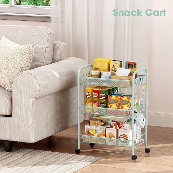 TOOLF 3 Tier Rolling Cart, Metal Utility Storage Cart with Wheels, Green | 3 Hooks, Screwless Assembly, Trolley Organizer for Bathroom, Kitchen, Office, Nursery, Dorm, Laundry Room - Image 8