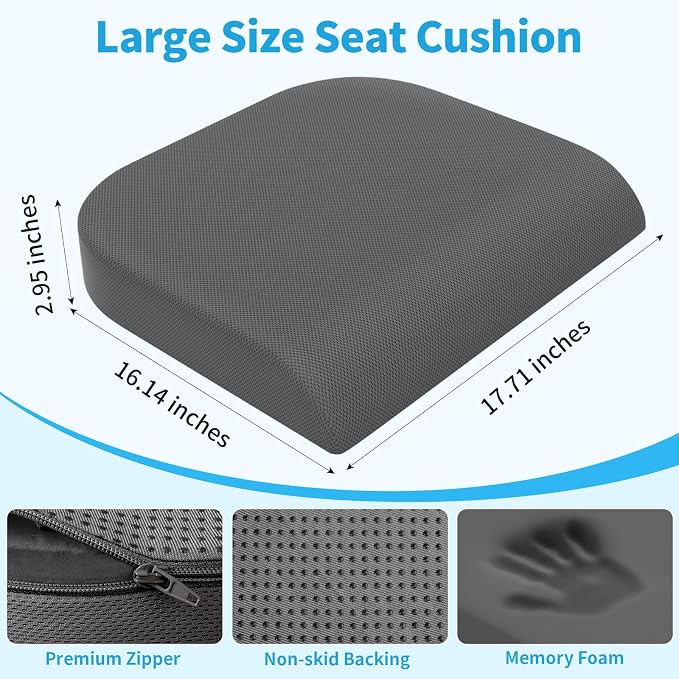 TranquilRelax Memory Foam Seat Cushion for Office Chair, 3-Inch, Gray | Medium-firm Support for Long Sitting, Washable Mesh Cover, Non-slip Base, Perfect for Car Seats & Short Drivers - Image 3