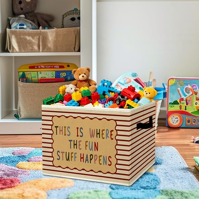 Rustic Playroom Storage Bins Boxes with Handles | toys books clothes, this is where the fun stuff happens nursery foldable basket for organizing bedroom toddler room playroom - Image 2