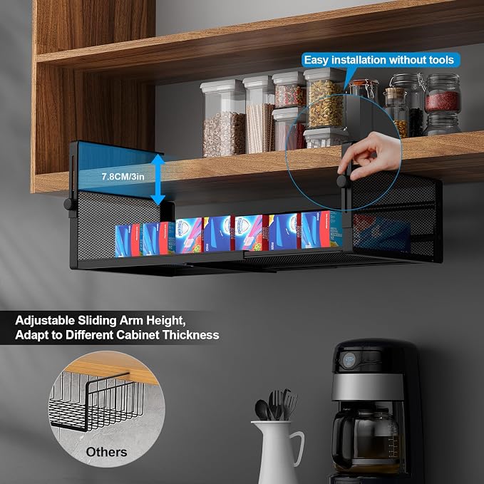 AmonHouseware 2Pack Expandable Under Shelf Storage Basket Organizer,Black | Adjustable Hanging,Length Stretchable14.9-22.6Inch,Under Cabinet Shelf for Laundry Room Kitchen Pantry Desk Counter Cupboard - Image 3