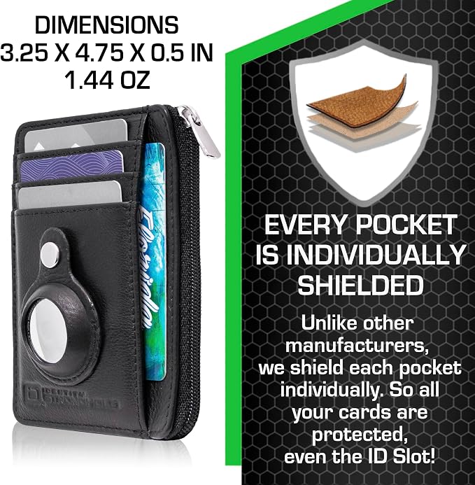 ID Stronghold RFID Blocking Front Pocket Wallet – Slim Minimalist Genuine Leather Wallet with Zipper Coin Pocket (Airtag Black) - Image 4