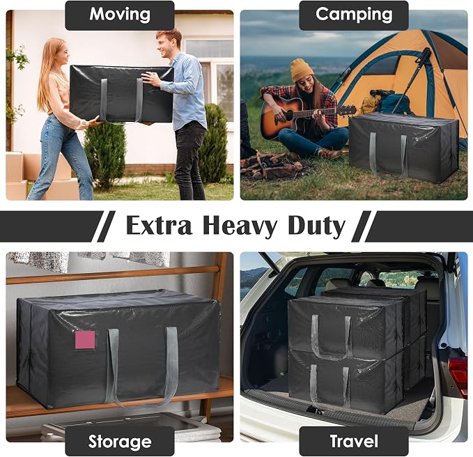 6 Pack Moving Bags with Full-Open Side Zipper, Extra Large 93L Heavy Duty Waterproof Foldable Storage Totes for College Dorm, Moving & Home Organization Gray - Image 7