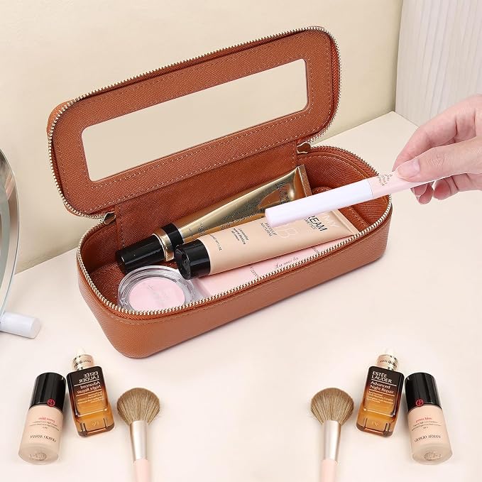 Pinkmik Makeup Brush Case, Brown, Slim | Clear Travel Cosmetic & Toiletry Bag, Small with Zipper, Purse Organizer, Car Essential Bag for Women - Image 6