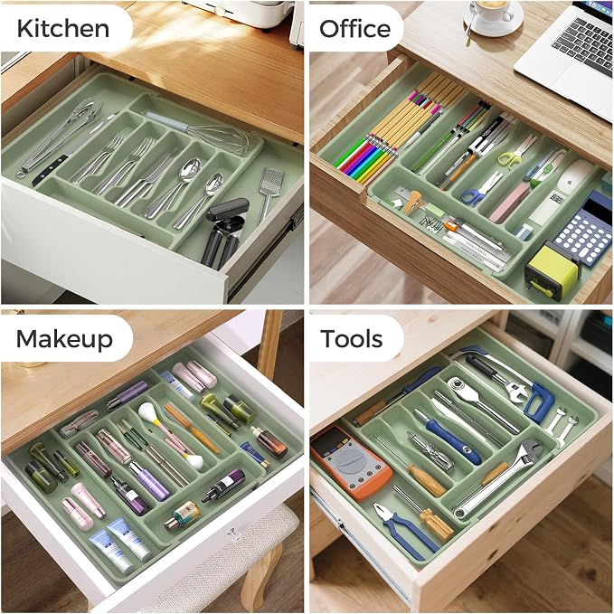 ukeetap Extra Large Expandable Silverware Organizer, Flatware Tray, Green | BPA-Free Food-Safe Kitchen Utensil Cutlery Drawer Organizer, Adjustable Silverware Holder for Spoons Forks Knives - Image 8
