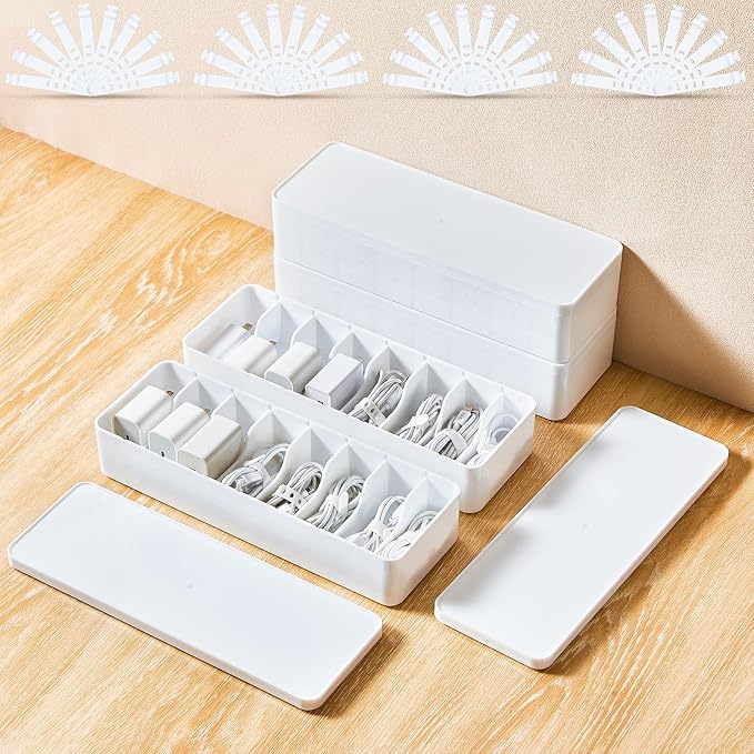 Tatuo 4 Pcs Cord Organizer for Drawer Desktop, Cable Organizer Box with 8 Compartments and Wire Ties, Plastic Charger Storage with Lid, Electronics Case for Home Office Accessories (Small,White) by Tatuo