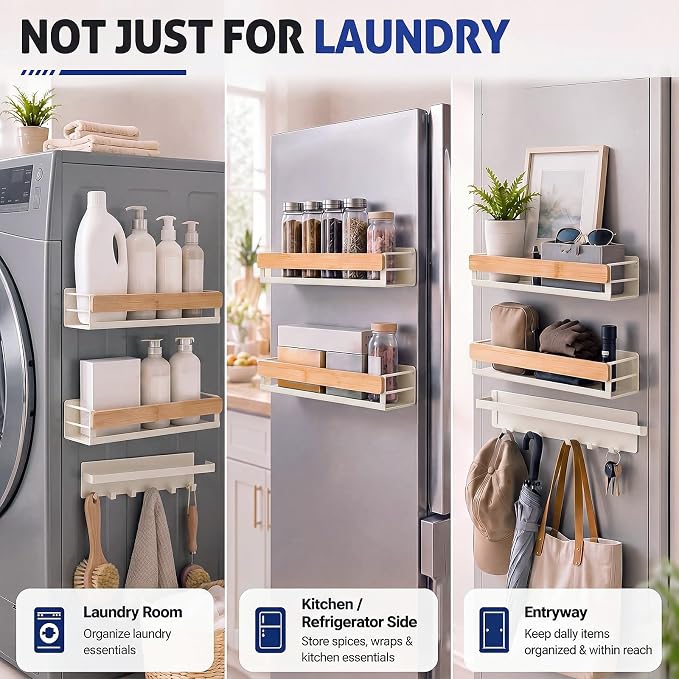 Bamboo 3 Pack Magnetic Shelves for Washing Machine, White Bamboo | Magnetic Laundry Shelf, Laundry Room Organization, Heavy-duty Storage for Kitchen Refrigerator, Detergent Holder with Hooks - Image 6