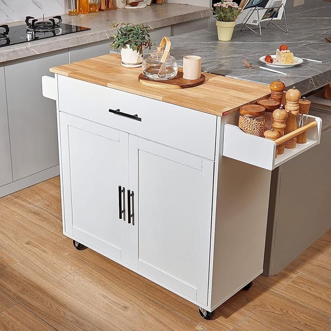 VEVOR Kitchen Island Cart with Solid Wood Top, 35.4" Width Mobile Carts with Storage Cabinet, Rolling Kitchen Table with Spice Rack, Towel Rack, Drop Leaf and Drawer, Portable Islands on Wheels, White | For Home Cooking, Space Saving Drop Leaf For Extr... - Image 8