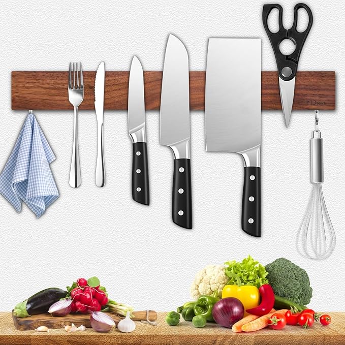 Dmore magnetic knife holder for wall—with 2 hooks, No Drilling 16 Inch walnut knife magnetic strip, Powerful knife magnet rack, include Adhesive Tape and screws for Knives, Utensils, and Tools by Dmorealwaysdomore