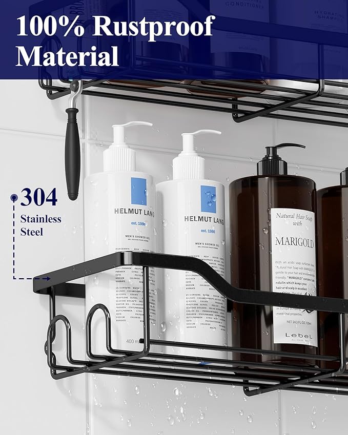 Kitsure Shower Caddy, Adhesive Shower Organizer, Large, Black | Stainless Steel Shelf for Inside Shower, No Drill Bathroom Organizers and Storage, Home Decor Accessories - Image 6