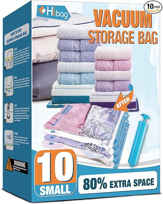 Vacuum Storage Bags, 10 Small Space Saver Vacuum Seal Bags, Space Bags, Vacuum Sealer Bags for Clothes with Travel Hand Pump (10S) | Home and Travel, Airtight Triple Seal, Save 80% Space, Hand Pump, Work with Vacuum, Double Zip, Reusable, Easy to Use by HIBAG