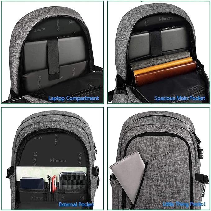 Mancro 17.3 Inch Business Laptop Backpack Anti-Theft Travel Backpack | Large Travel Computer Bag Lightweight Work Backpack Daypack with Lock and Laptop Compartment for Men Women, Grey - Image 3
