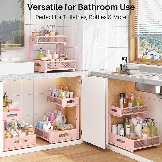 Under Sink Organizer, 2 Pack 2 Tier Pull Out Under Cabinet Organizer Shelf with Pad for Framed Cabinets, Metal Slide Out Under Sink Storage, Mesh Sliding Drawers for Kitchen Bathroom Laundry, Pink - Image 9