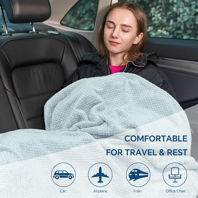 BEDELITE Travel Blanket with Bag, Jacquard Fleece Blanket 65"x40", Blue | Ultra-soft Airplane Blanket, Luggage Sleeve & Backpack Clip, Travel Essentials for Women, Foldable as Pillow for Long Flight - Image 7