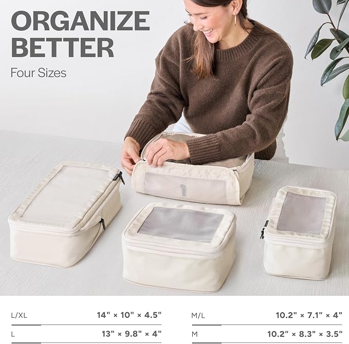 Compression Packing Cubes for Travel, 4-Pack, Beige | Solves overpacking, 4-Piece set fits most carry-ons, 50% Space savings, Compression luggage organizer bags - Image 3