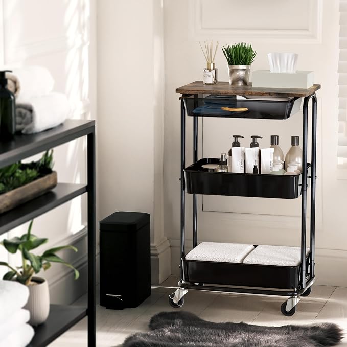 Simple Houseware 3-Tier Utility Cart with Drawer & Wood Top, Rustic Brown | Mobile Sofa Side Table, Nightstand, Slim Storage Organizer Trolley for Bedroom, Bathroom, Office & Art Supplies - Image 5