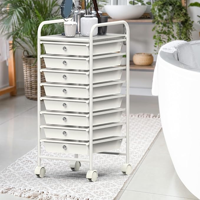 Simple Houseware 8 Drawers Rolling Utility Cart Art Craft Storage, White | 1-Column, 30.25" Height, Lockable Wheels, for School, Office, Art Craft, and Paper Storage - Image 4