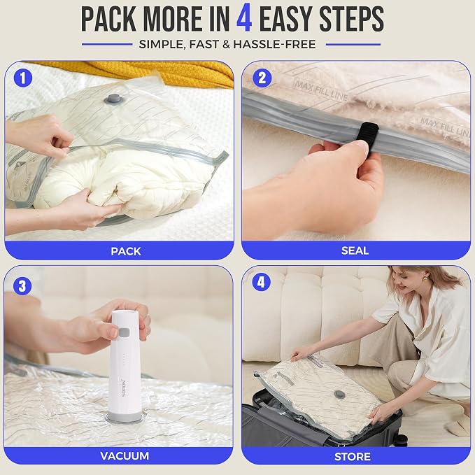 SORON Vacuum Seal Bags for Clothing Travel with Pump, Vacuum Storage Bags | 28 Pack Compression Packing, 4 Sizes for Clothes, Reusable Space Saver for Carry-On & Checked Luggage or Suitcase - Image 8
