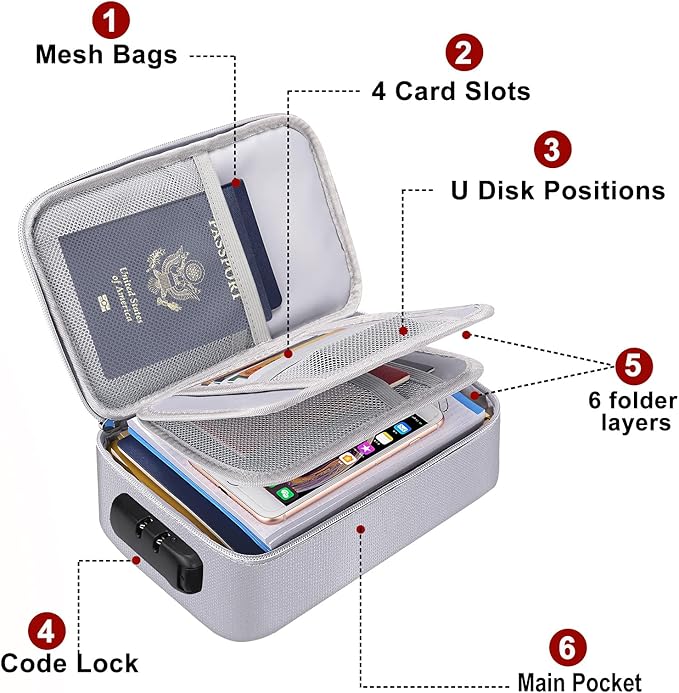 ENGPOW Small Fireproof Storage Organizer Case with Lock, 9”x 5.3”x 3.7” | Money Safe Wallet Carrying Bag with Multi-Pocket,Portable Home Travel for Cash,Card,Passport,Coin,Check,Bill,Soft Box,Silver - Image 3