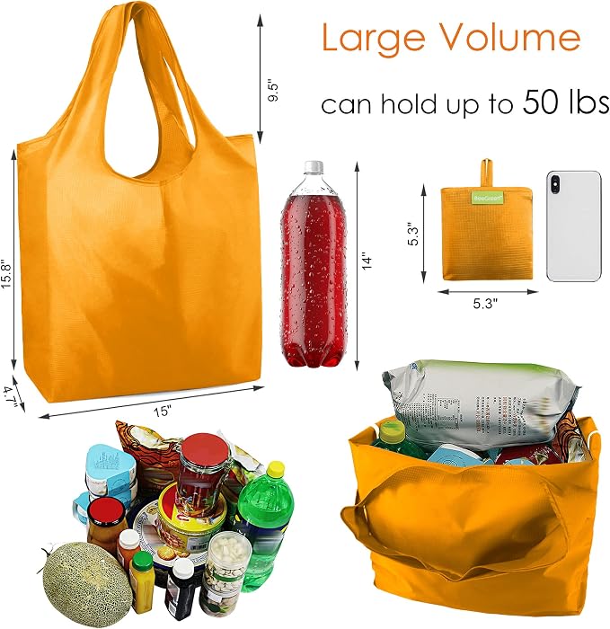 BeeGreen Orange Reusable Grocery Bags Wholesale Pumpkin Reusable Kitchen Bags Bulk Foldable-Machine Washable with Zipper Storage Pouch 50 Packs - Image 4