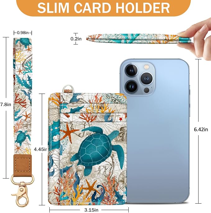 Yonlevres Sea Turtle Credit Card Holder Slim RFID Wallet Women Wristlet | Front Pocket, Handy, RFID Blocking, Woman Girls Ladies Gifts, D-ring for Keychain,Thin Mini Card Case, ID Window, PU Leather - Image 6