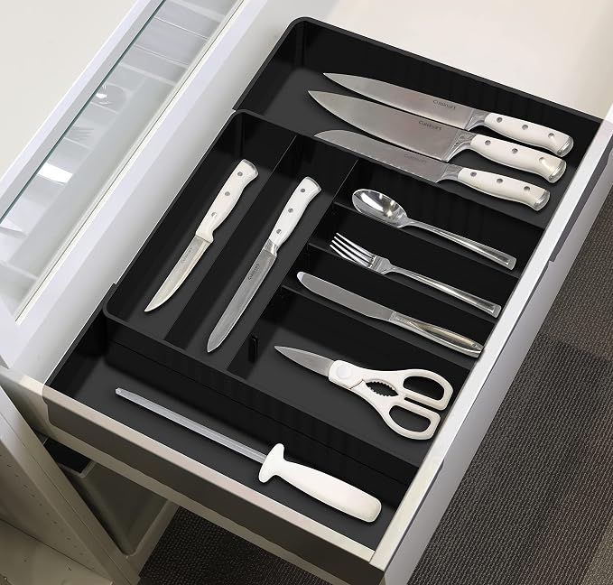 Simple Houseware Expandable Kitchen Drawer Flatware Organizer, Black | Expandable Kitchen Drawer Flatware Organizer, Black – Adjustable Cutlery Tray with 9 Compartments for Utensils and Silverware - Image 5