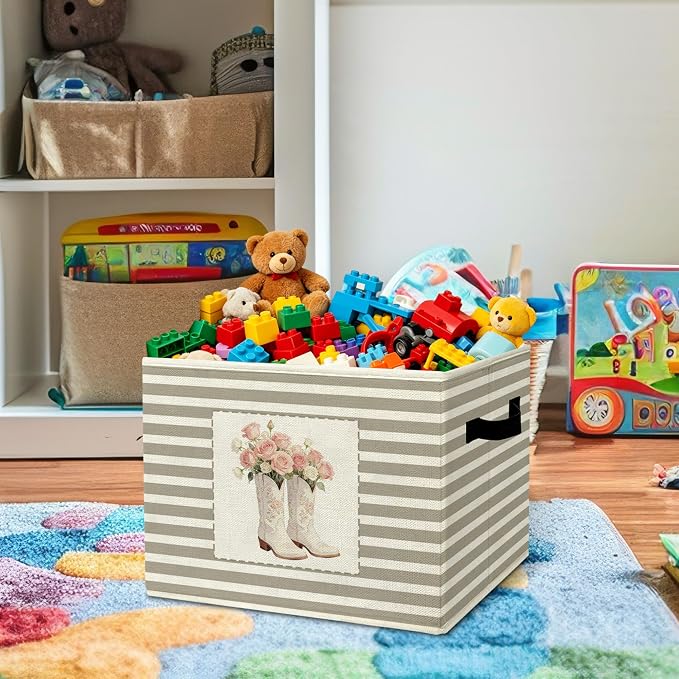 Rustic Cowgirl Boot Storage Bins Boxes Handles | grey striped nursery foldable basket for organizing bedroom toddler playroom - Image 2