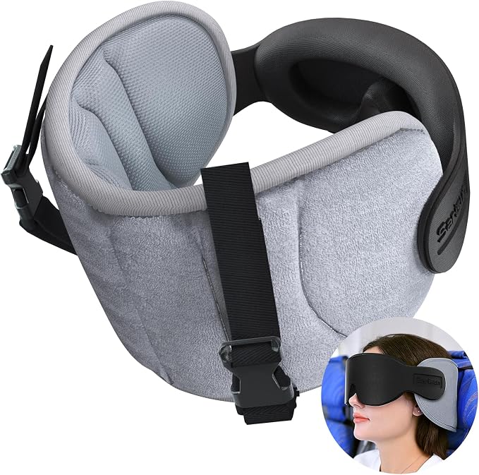 SARISUN Travel Pillows for Airplanes, Stable Head Support, Travel Essential | Airplane Pillow with 3D Eye Mask, Seat Strap Secures to Headrest, for Stop Bobblehead, for Long Flight Road Trip, Grey by SARISUN