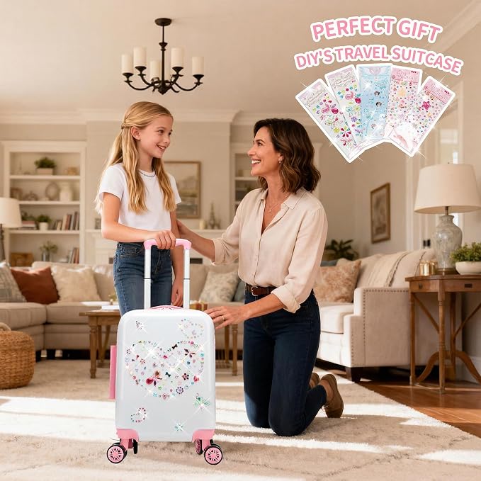 Kids Luggage Sets 2 Piece Pink Rolling Suitcases for Girls with Wheel Shardshell 16" Travel Suitcase with 10 Sheets Gem Stickers - Image 10