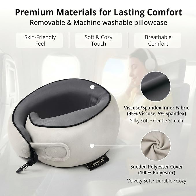 Memory Foam Wrap Around Travel Neck Pillow for Airplane, Light Grey | Travel pillow for airplanes with adjustable 360° neck support, breathable, washable cover, eye mask, earplugs & compact bag - Image 2