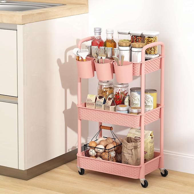 MOYIPIN 3-Tier Plastic Rolling Utility Cart with Handle,Pink | Utility Storage Cart for Office, Living Room, Kitchen,Movable Storage Organizer，Easy installation，Rattan-like art design - Image 8