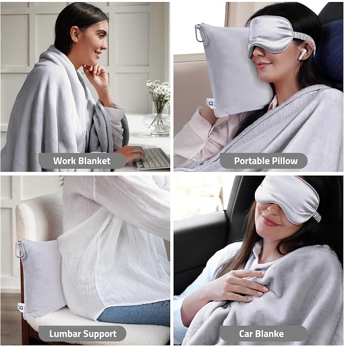Travel Blanket Pillow,Airplane Blanket Compact with Bag Eye Mask, Ultra-Soft,Warm & Lightweight Included,Travel Essentials for Women & Men, Luggage Sleeve & Backpack Clip 65x40 in, Grey - Image 4