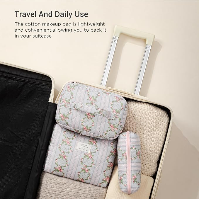 HBselect Quilted Makeup Bag, 3Pcs Cotton Large Travel Makeup Bags Organizer | Cute Floral Make up Bag Cosmetic Bag Toiletry Bag for Women Girls, Makeup Pouch for Skincare, Brushes & Travel Essentials - Image 4