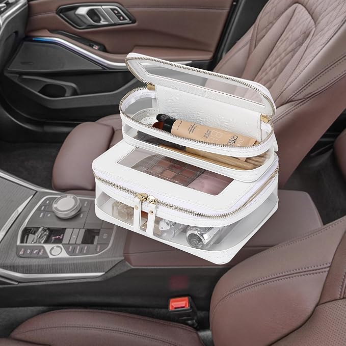 Pinkmik Clear Makeup Bag with Brush Case Travel Toiletry Bag Waterproof Cosmetic Organizer Car Essentials for Women (White,M+SLIM-1) - Image 6