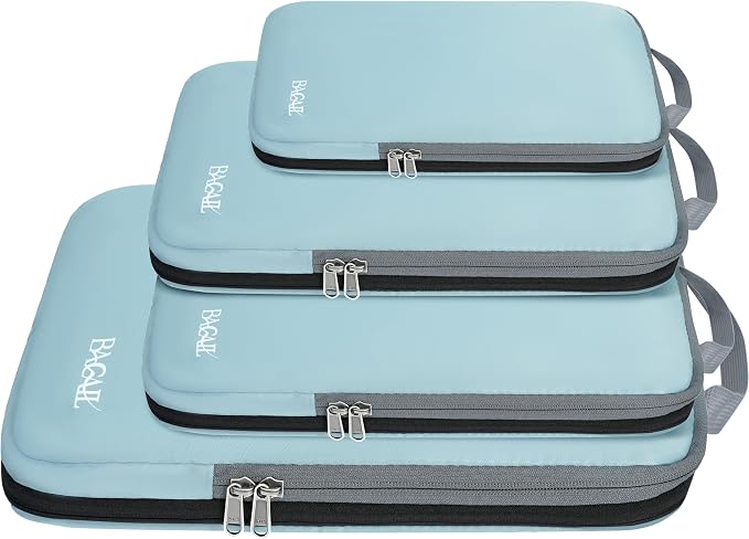 BAGAIL 4 Set/6 Set/8 Set Compression Packing Cubes Travel Accessories Expandable Packing Organizers (Cloth Pattern, 4-Dusty Blue) by BAGAIL