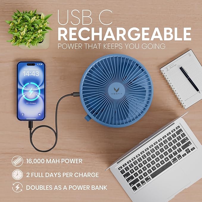 VENTY Portable Fan - Wireless Battery Operated Fan - 4 Speeds - LED Lighting - Carry Case & Remote Control - Cruise Travel - Outdoor Travel RV Power Bank With USB-C Port (Blue with Case) - Image 7