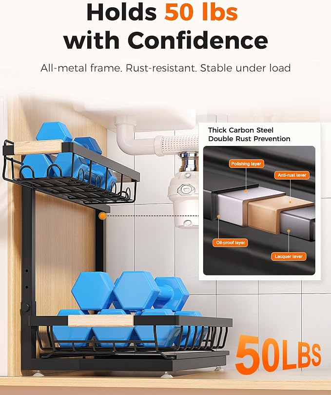 2026 Upgraded 3-Pack 2-Tier Adjustable Height Under Sink Organizer, Black | Multi-purpose metal storage shelf with sliding shelves for kitchen, bathroom, pantry & laundry cabinet - Image 6