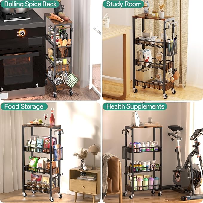 DTUQYX Slim Bathroom Storage Cart, 4 Tier Small Rolling Organizer Cabinet with Wood Top Handle, Mobile Shelving Unit Slide Out for Office, Kitchen, Laundry Room & Narrow Places (9.1" W Wood Basket) - Image 8