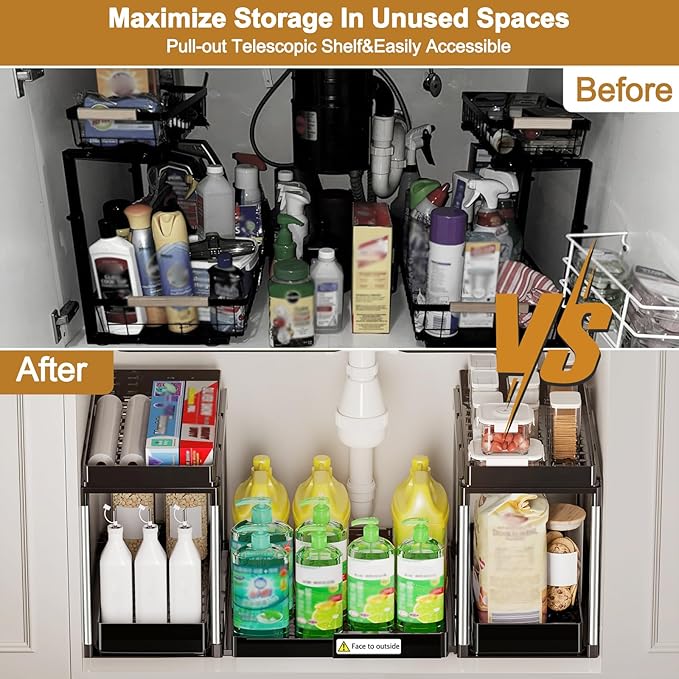 NIUXX Expandable Under Sink Organizer: 2 Tier Under Cabinet Organizer - Double Pull Out Shelf Under Sink Storage for Kitchen - Bathroom and Laundry Room - Space Saving - Image 4