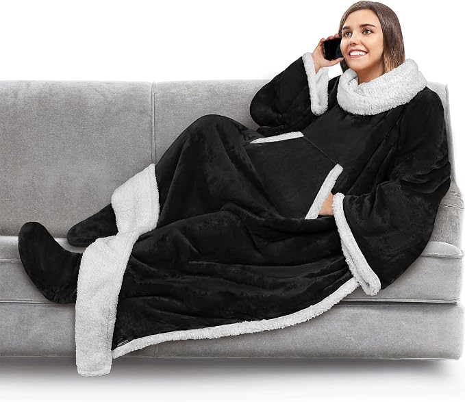 PAVILIA Sherpa Blanket with Sleeves, Foot Pocket for Women Men Adults, Thick Wearable Blanket Throw Wrap, Fleece Warm Snuggle Blanket Robe, Cozy Gift Ideas Wife Mom, Black by PAVILIA