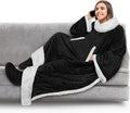 PAVILIA Sherpa Blanket with Sleeves, Foot Pocket for Women Men Adults, Thick Wearable Blanket Throw Wrap, Fleece Warm Snuggle Blanket Robe, Cozy Gift Ideas Wife Mom, Black by PAVILIA