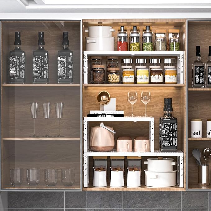 Expandable Adjustable Stackable Kitchen Organizer,Pantry Storage Shelves Racks,for cabinets Shelf, Kitchens, countertops, bathrooms,RV(2Packs/White,Medium) - Image 8