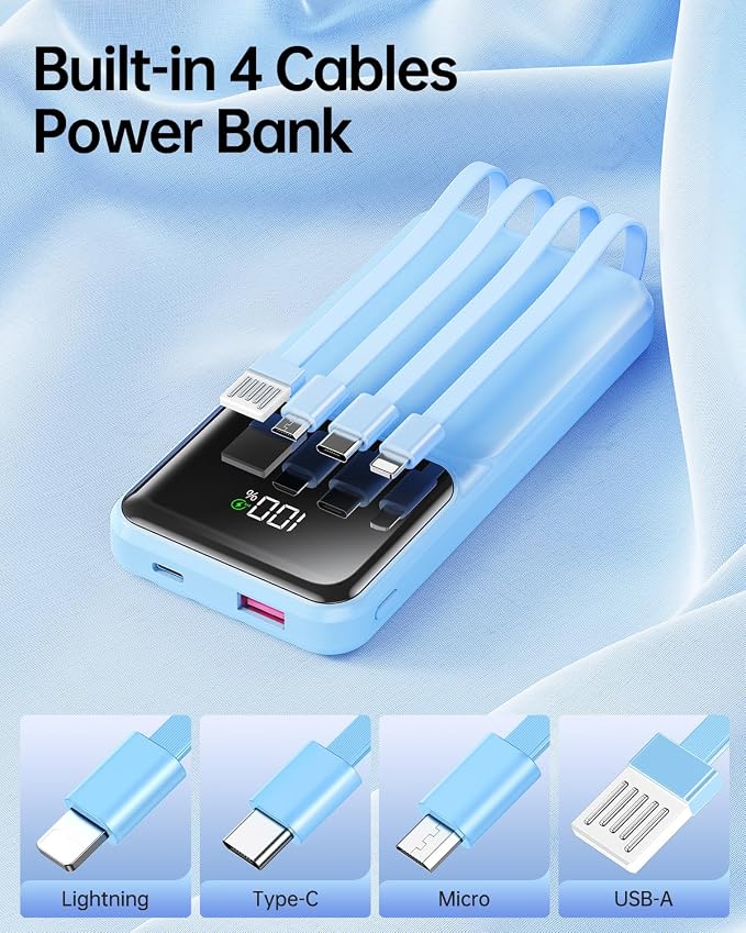 Portable Charger with Built in Cable 20000mAh Fast Charging | Power Bank USB C Slim 22.5W LED Display Battery Pack 5 Outputs & 3 Inputs for Travel Essentials iPhone Phones Sky Blue - Image 2