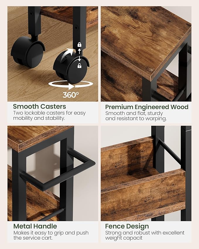 4-Tier Slim Storage Cart, 5.1'' Kitchen Serving Trolley, Slim Rolling Cart with Handle and Guard Rails, Slim Cabinet for Small Spaces, for Dining Room, Rustic Brown and Black TTC01BF - Image 5
