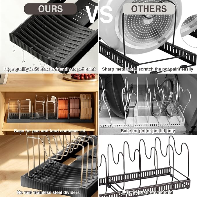Magheo 2 Pack Pots and Pans Organizer Under Cabinet, Expandable 12.6"-22.8" Kitchen Cabinet Organizer Holder with 10 Adjustable Dividers for Food Storage Container Lid, Cookie Sheet, Cookware(Black) - Image 7